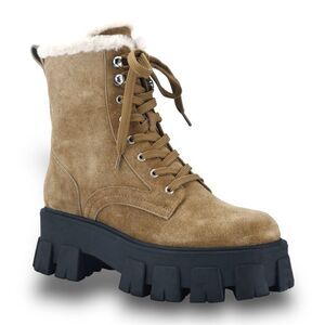 MARC FISHER Happier Faux Fur Lace-Up Combat Boot in Tan Suede Size 9.5 NEW